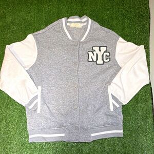 No Comment NYC Women's Varsity Jacket Gray/White Snap Front Logo Size S